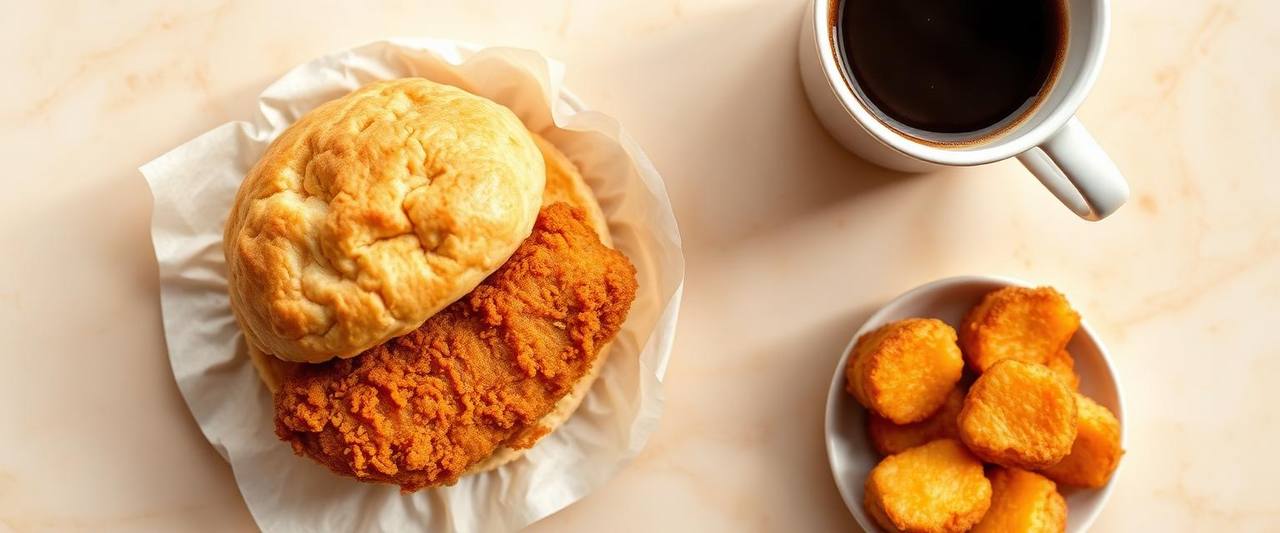 Chicken biscuit, hash brown bites, and a cup of coffee on a cream surface