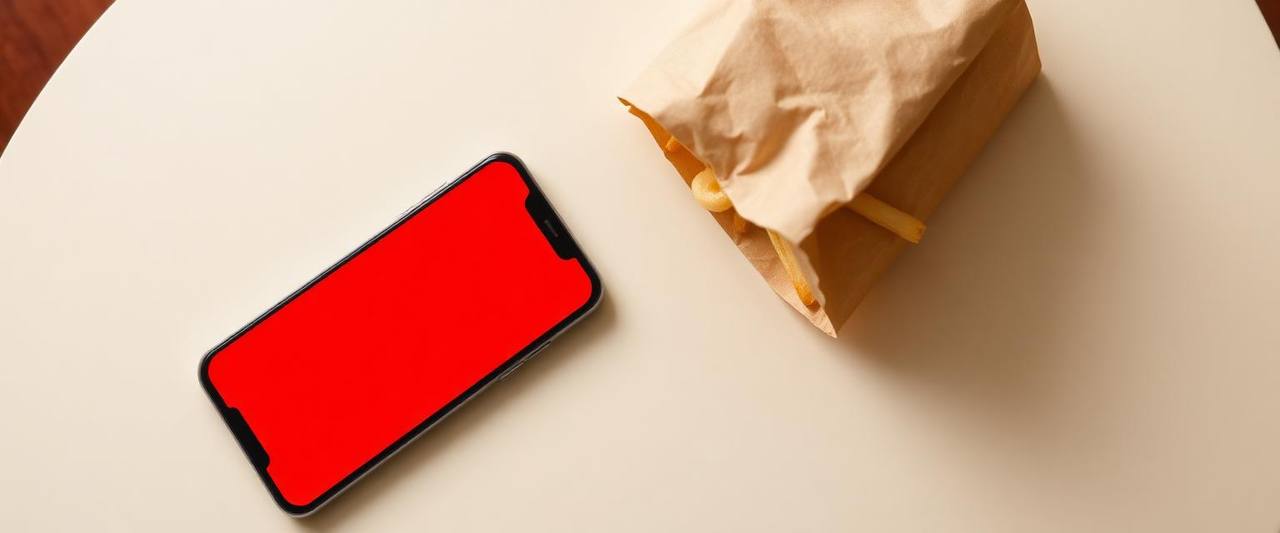 A smartphone beside a takeout bag on a cream table