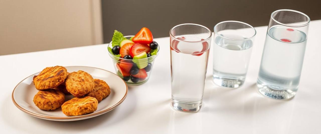 Grilled nuggets, a fruit cup, a side salad, and water on a light table