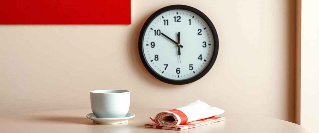 A wall clock above a cream table with a coffee cup and napkin