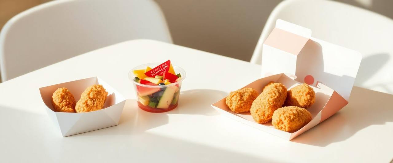 Kid-sized meal with chicken nuggets, a fruit cup, and a carton of milk