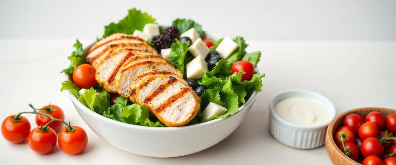 Fresh green salad bowl with grilled chicken, tomatoes, cheese, and berries