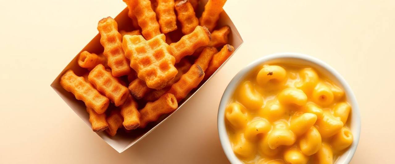Waffle-cut potato fries in a carton beside a bowl of mac and cheese